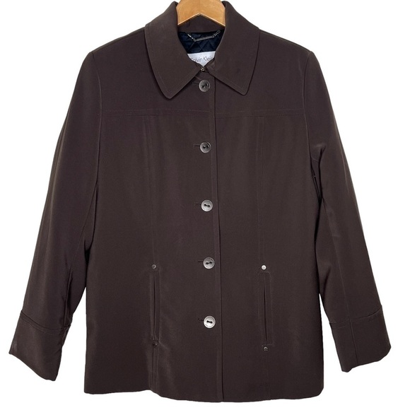 Calvin Klein Dark Brown Insulated Button Up Hooded Trench Car Coat Size Medium P - Picture 1 of 15
